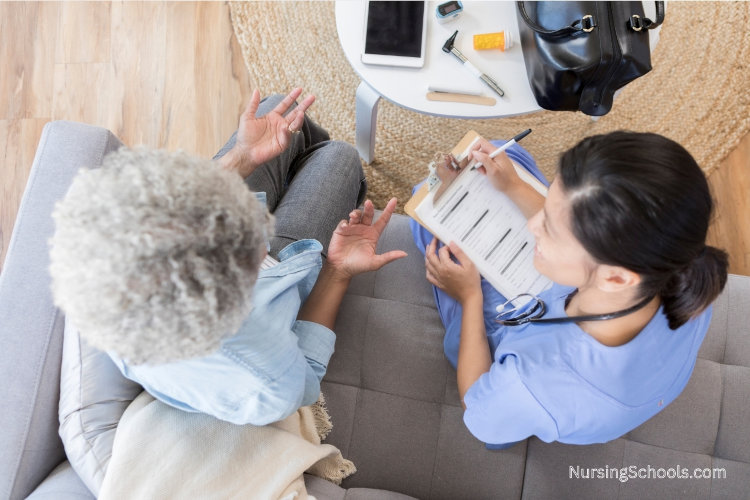 Research Nurse interviews a clinical trial patient to collect and analyze data.