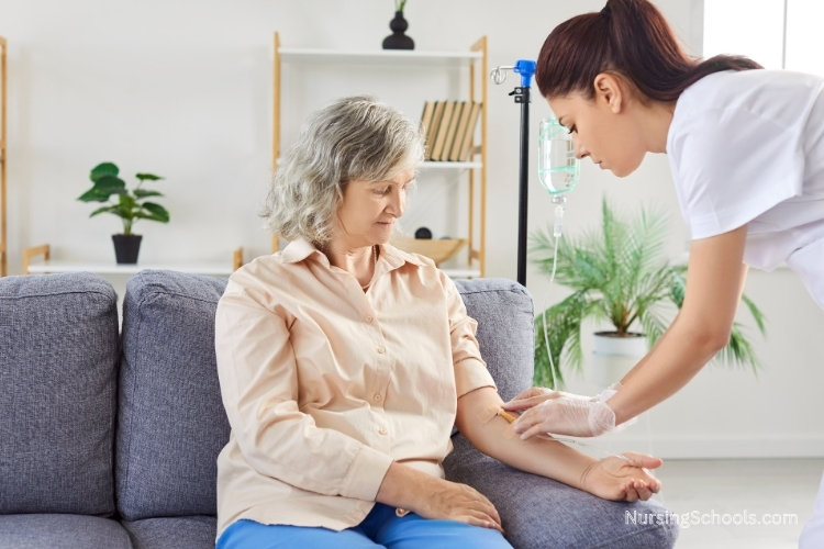 Rheumatology Nurse administers medication to a patient through intravenous infusion.