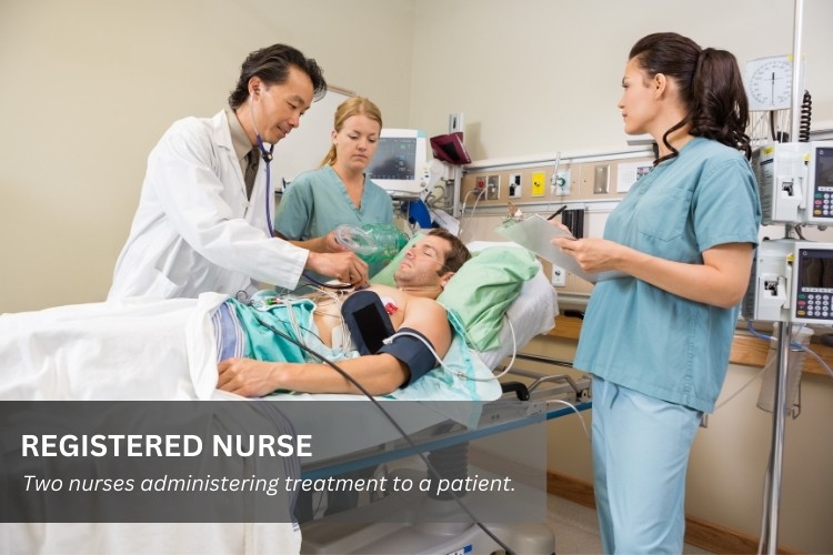 Registered Nurse administering treatment to a patient in a hospital bed as part of her RN job duties.