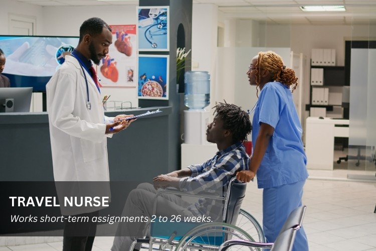 Travel Nurse travels to different cities, states, or countries to work temporary assignments.