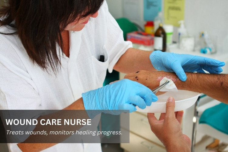 Wound Care Nurse (WOC) performing her job duties with a patient in a hospital work environment.